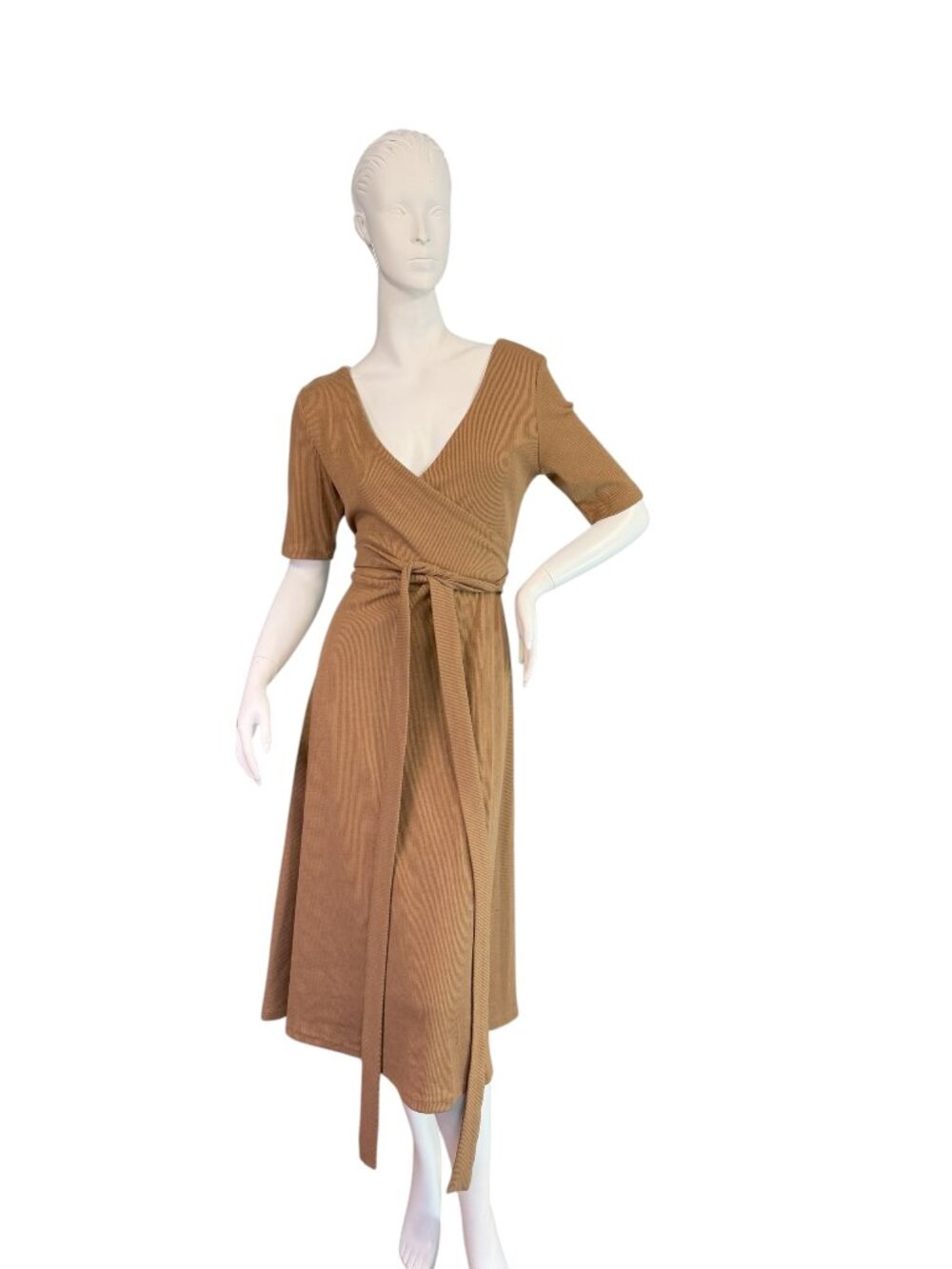 Modern Citizen Ruth Faux Wrap Tan Knit Ribbed Midi Dress Short Sleeve Size M